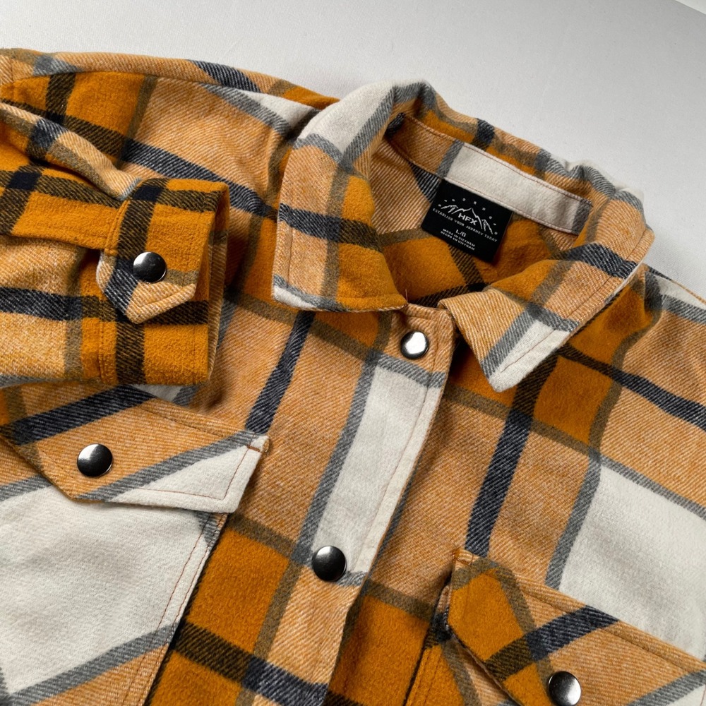 HFX Mens Yellow Orange Plaid Snap Front Flannel Shirt Jacket Shacket Large